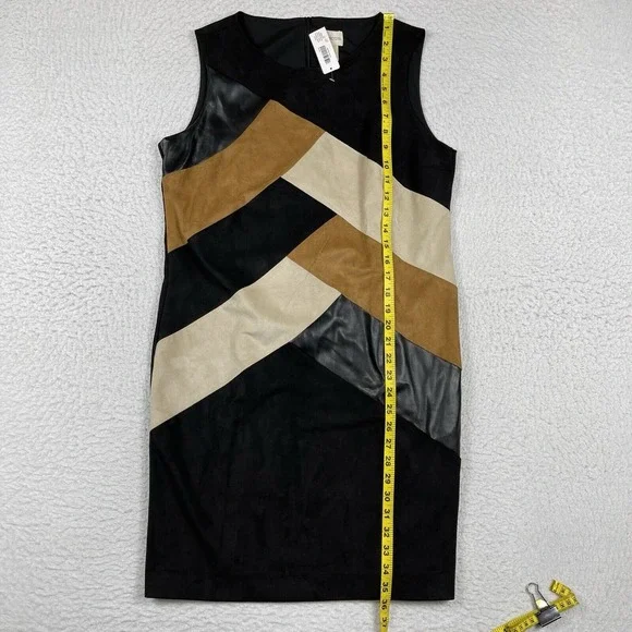 Chicos Dress Womens 1 Petite Medium 8P Black Brown Suede Faux Leather Patchwork - Picture 7 of 14